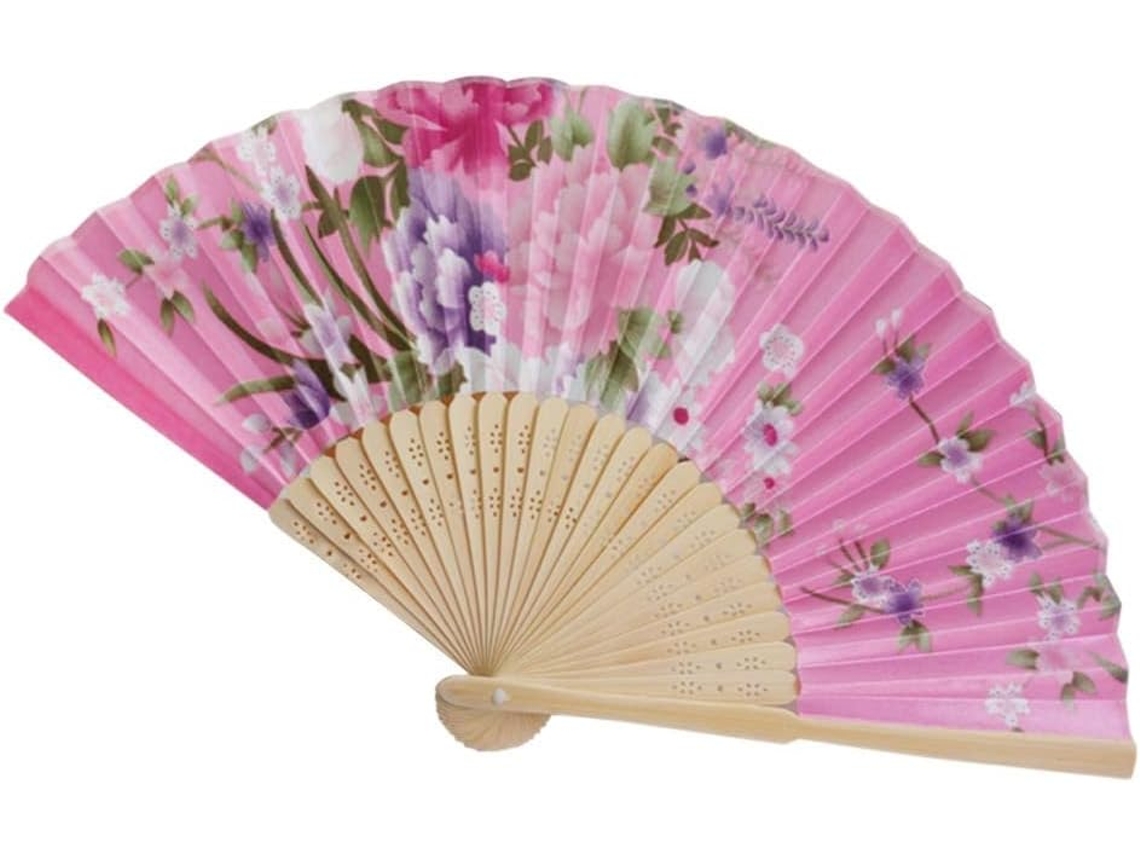 Leque de bambu dobrável tradicional chinês vintage feito à mão com flores, ideal para dançarinas chinesas. Presente perfeito para quem busca um presente de bolso.
