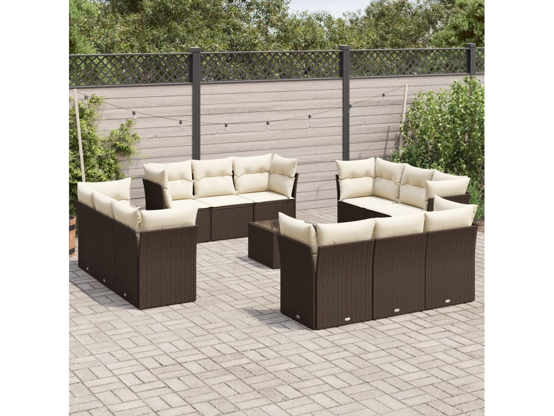 Vidaxl 13 Pcs Conjunto Sofás P/ Jardim C/ Almofadões Vime Pe Castanho