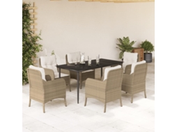 Conjunto 7 Peças Jantar P/ Jardim Com Almofadões Vime Pe Bege Dkd Home Decor