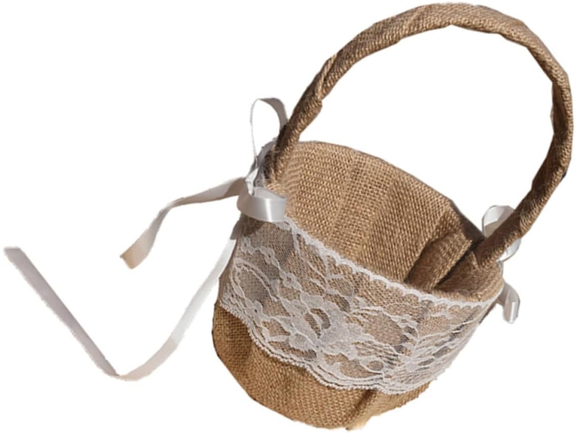 Cesta De Flores Portátil E Prática, Tecida Em Juta E Renda, Para Casamentos.