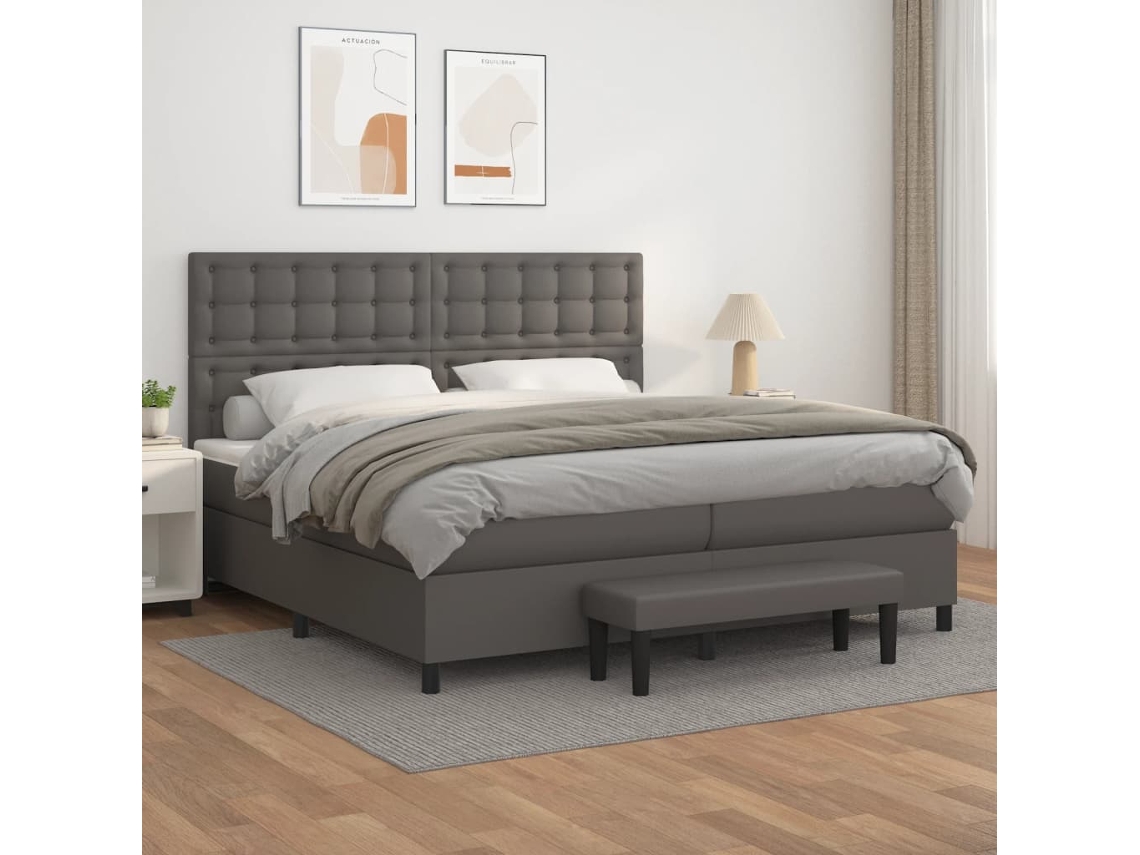 Vidaxl Cama Com Molas/colchão 200x200 Cm Couro Artificial Cinzento