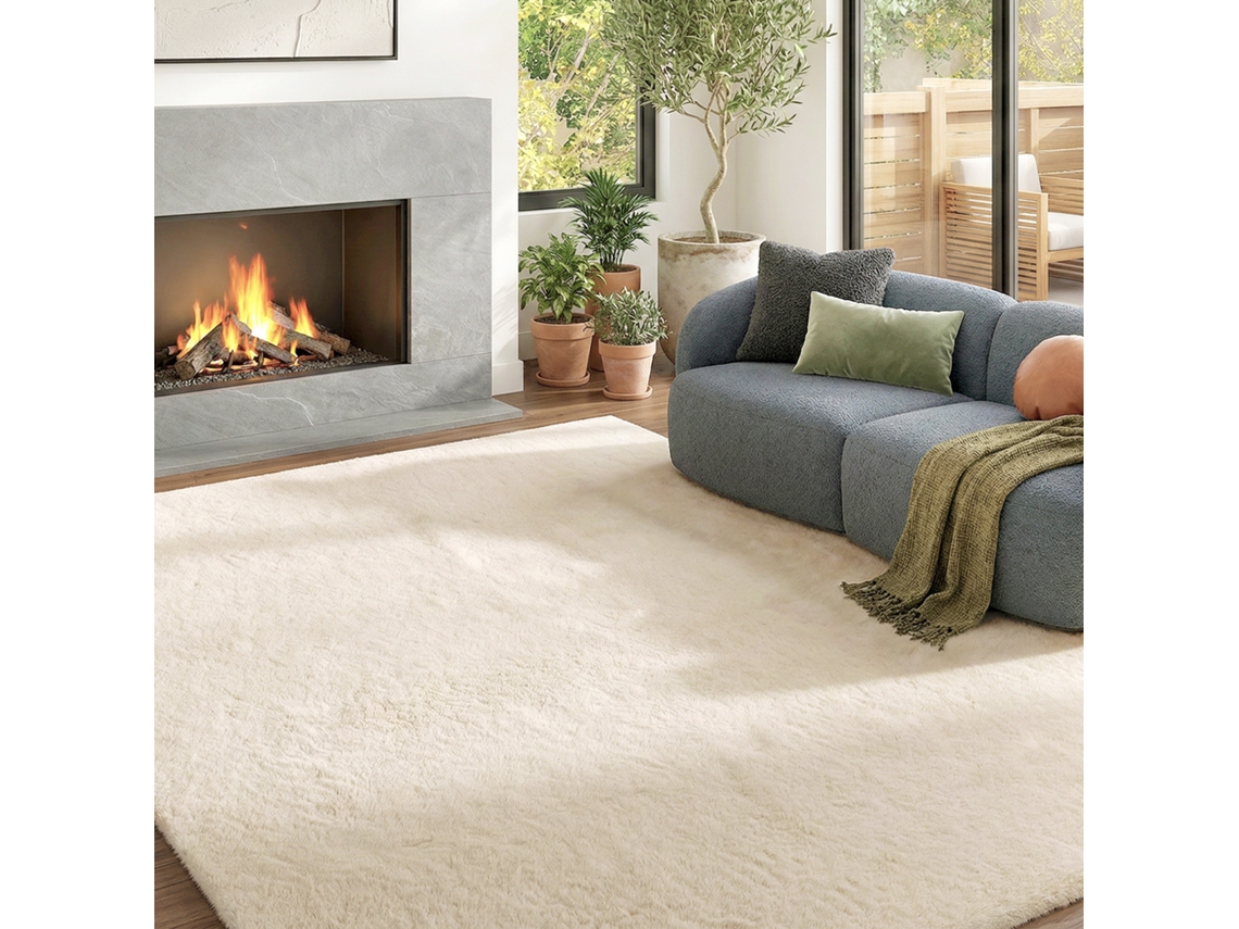 Carpete Sofisticado Lavável 120x160 Cm De Sala E Quarto, Pelo Longo, Cor Creme Sofisticada