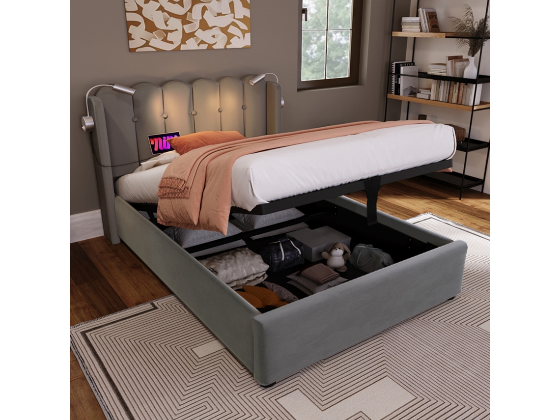 Cama de Solteiro VSOGA 90x200 cm com Arrumação, Usb, Cabeceira, Gavetas, Madeira, Bege