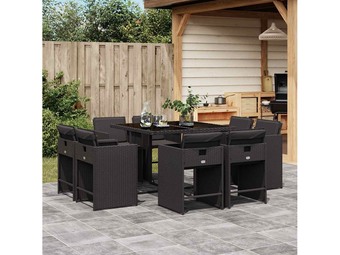 Vidaxl 9 Pcs Conjunto De Jantar P/ Jardim C/ Almofadões Vime Pe Preto