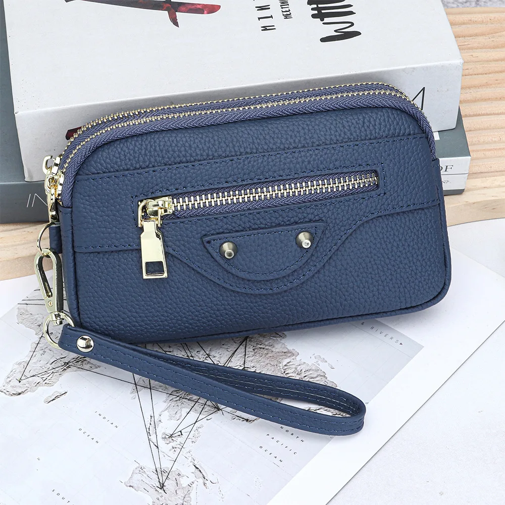 Bolsa De Mão Feminina Em Couro Genuíno Azul Com Alça Transversal E Porta-moedas.