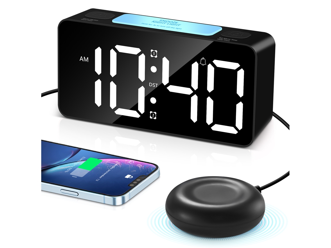 GIGIKILL Relógio Despertador Para Surdos Com Vibração Alarme Alto E Potente Agitador Grande Display E Dimmer 7 Luzes Noturnas Coloridas Porta De Carregamen