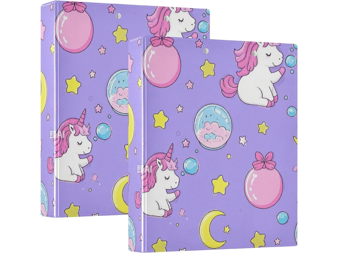Pasta para Arquivo com 3 Anéis, 3, 8cm 1 2 Polegada, Estampa de Unicórnios Desenho Animado com Estrelas, Nas Cores Roxo