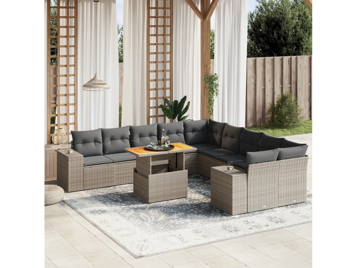 Vidaxl 11 Pcs Conjunto Sofás De Jardim C/ Almofadões Vime Pe Cinzento