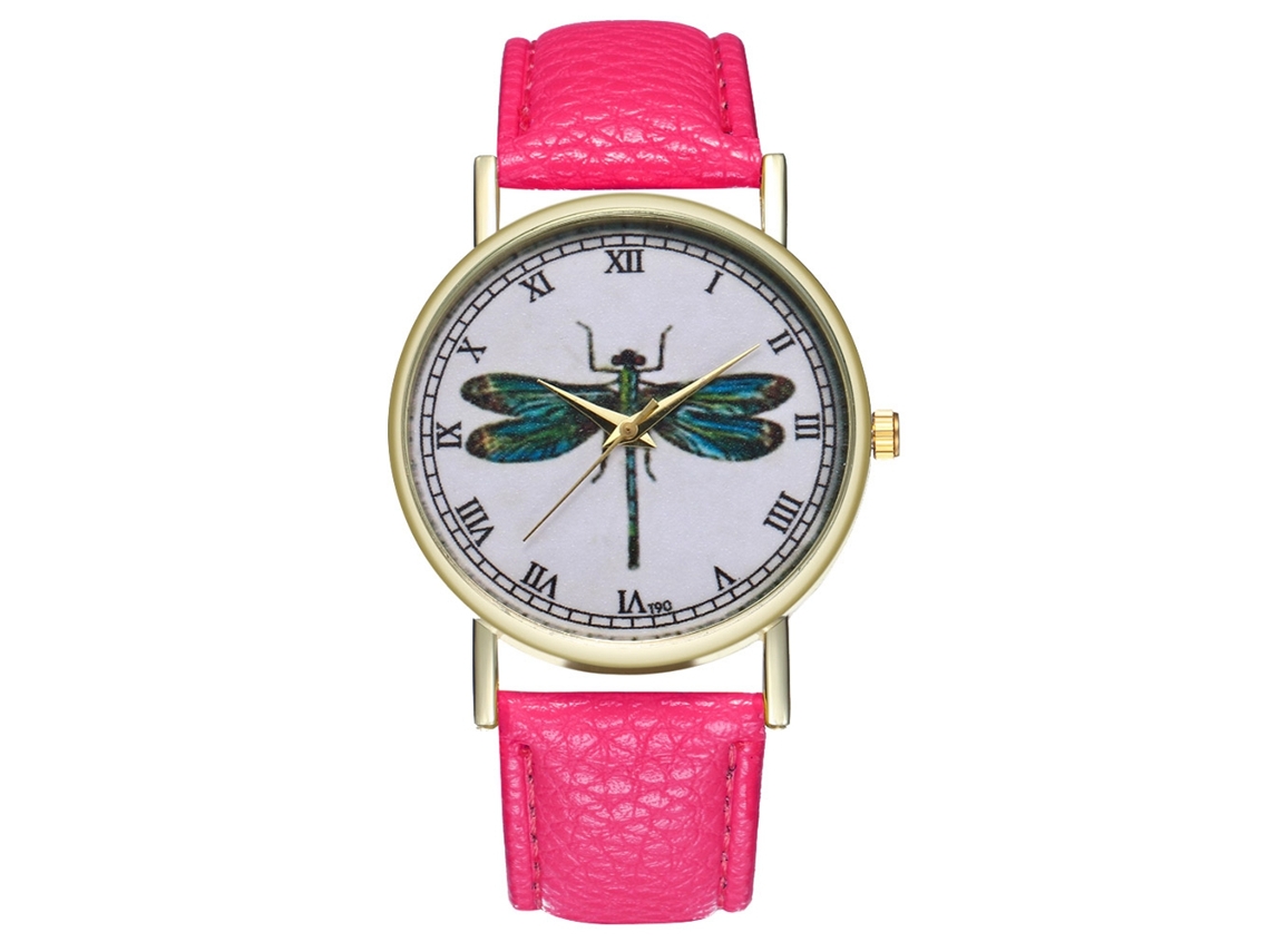 Relógio de pulso em couro PU com numerais romanos e estampa animal (vermelho e rosa)