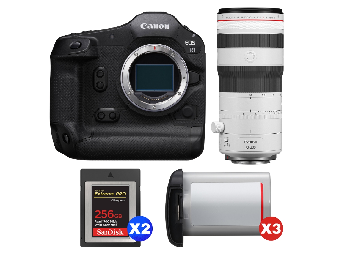 Eos R1 + Rf 70 200mm F/2.8 L Is Usm Z Branco + 2 Sandisk 256gb Extreme Pro Cfexpress Type B + 3 Canon Lp e19 + Ebook Pricedirect CANON