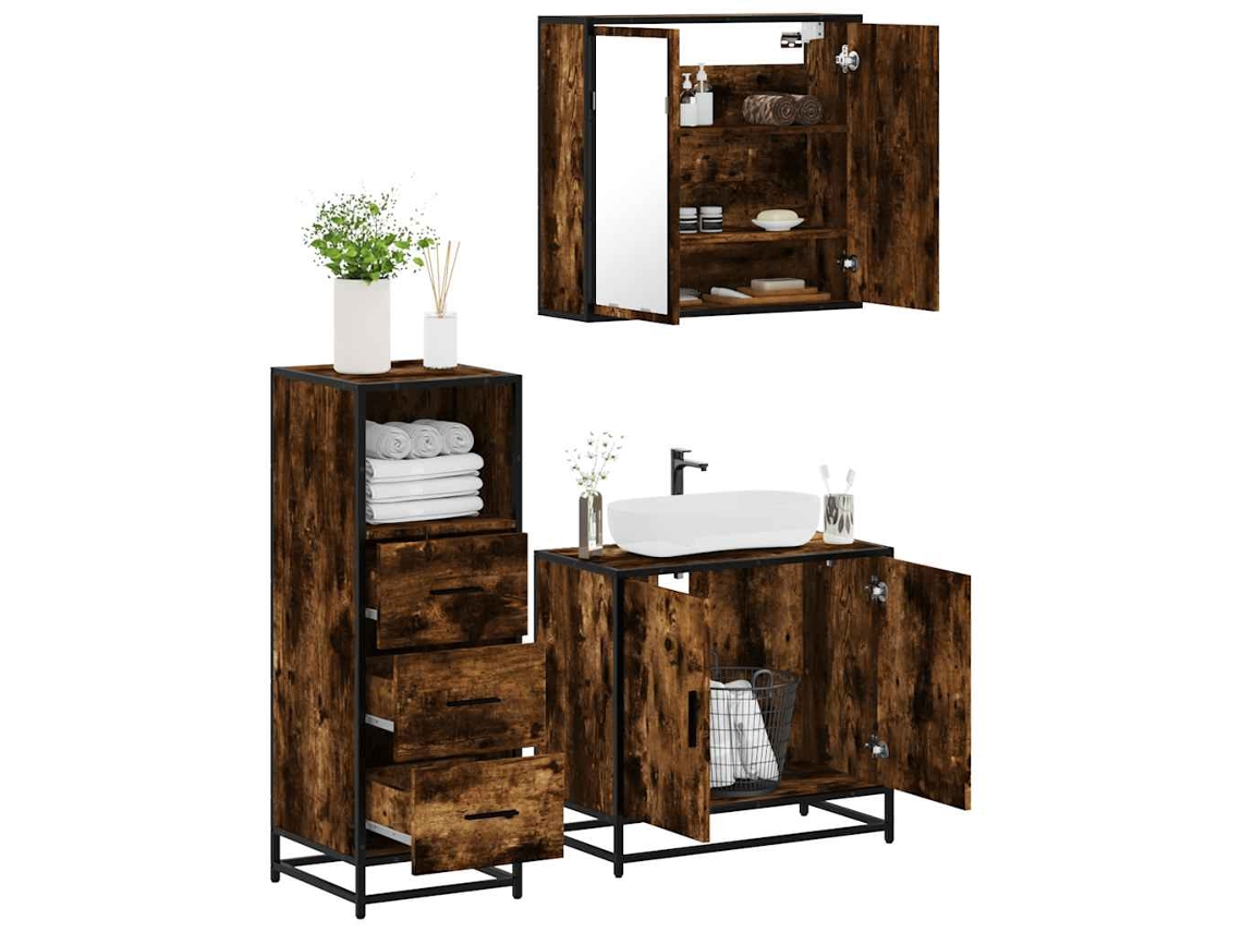 Vidaxl 3 Pcs Conjunto De Móveis Wc Madeira Processada Carvalho Fumado