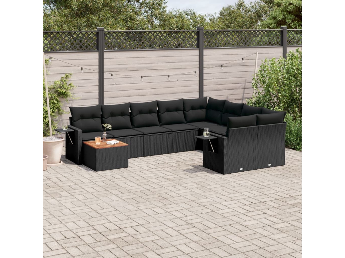 Vidaxl 10 Pcs Conjunto Sofás De Jardim C/ Almofadões Vime Pe Preto