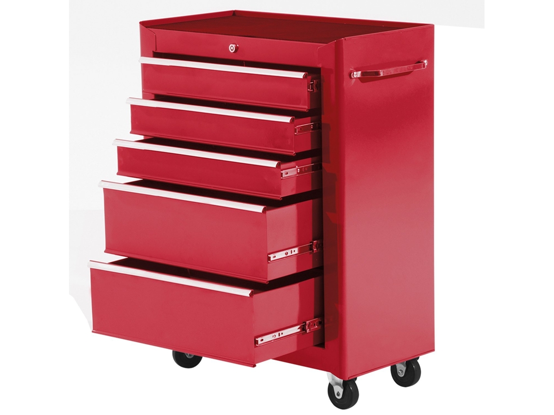 Workshop Tool Cart With Wheels, 5 Drawers, Lock, And Side Handle, 61.5x33x85 Cm, Red