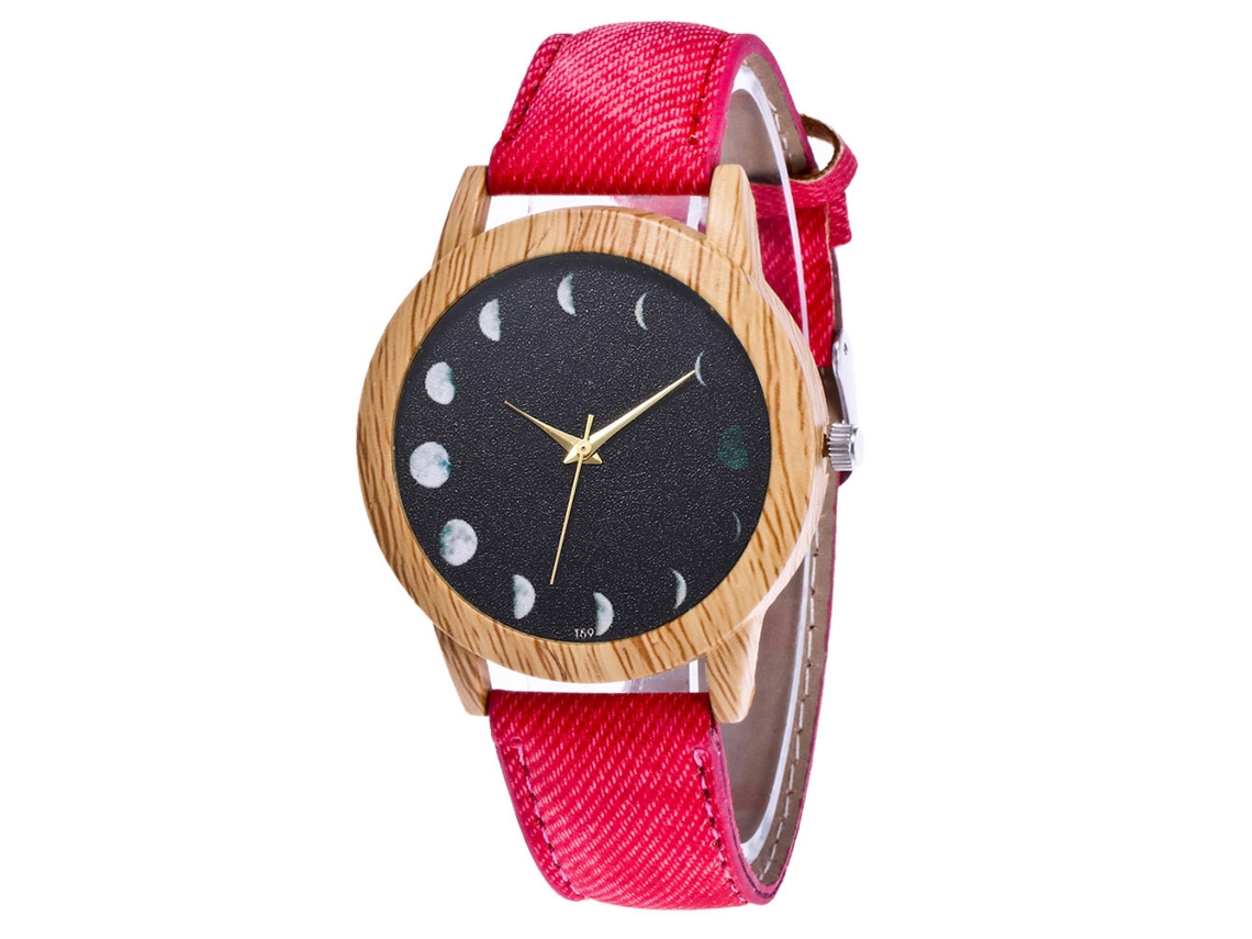 Reloj De Pulsera Unisex De Cuero Denim Con Patrón Lunar Rojo Zhoulianfa