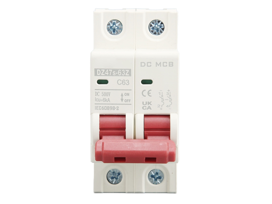 Interruptor De Circuito Miniatura Dc 2p 63a 500v 6000a Montagem Din Rail Para Sistema Solar Pv Dz47s 63z C63