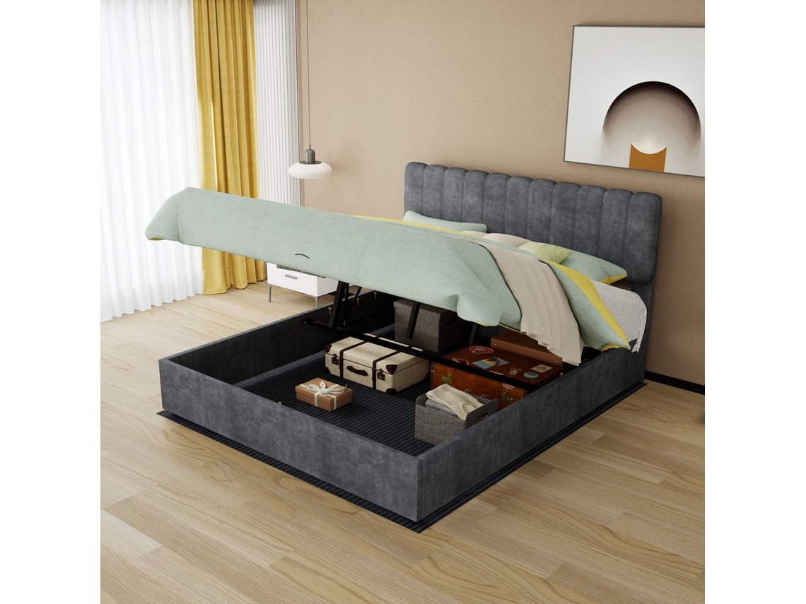 Lit Capitonné Minimaliste 160x200 Cm Gris, Hydraulique, Tête Douce, Sans Matelas VSOGA