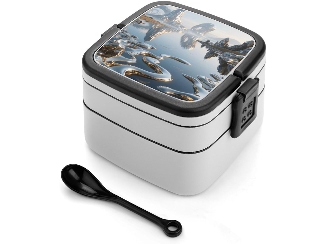 Lancheira Bento Liquid Metal Lake Dupla Para Adultos Com Colher E Alça, À Prova De Vazamentos, Empilhável Em Uma Única
