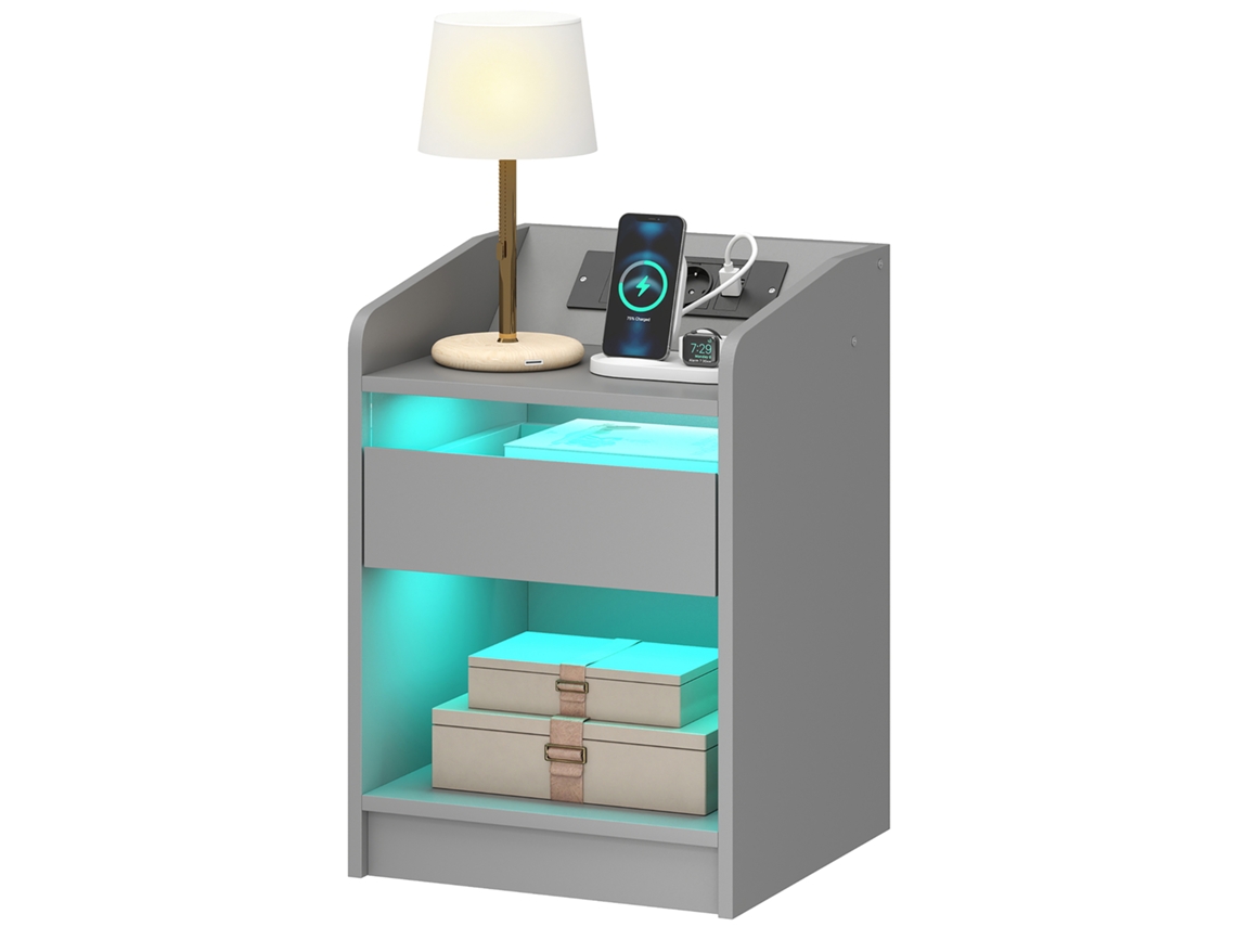 Mesa De Com Cabeceira Luzes Led Gaveta Prateleira Estação De Carregamento Entrada Usb Controlo Remoto Cinzento 40x40x58 Cm