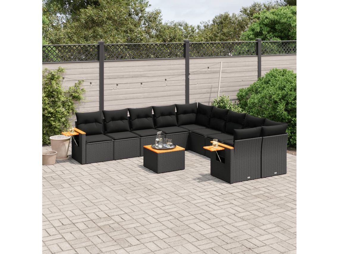 Vidaxl 11 Pcs Conjunto Sofás De Jardim C/ Almofadões Vime Pe Preto