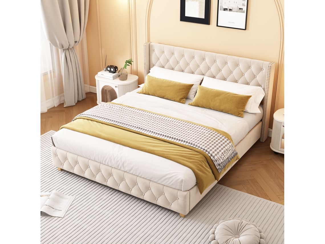 Polsterbett 180x200 Cm Mit Lattenrost, Kopfteil, Knopfpolsterung, Nieten, Holzbeine, Samt, Hellbeige