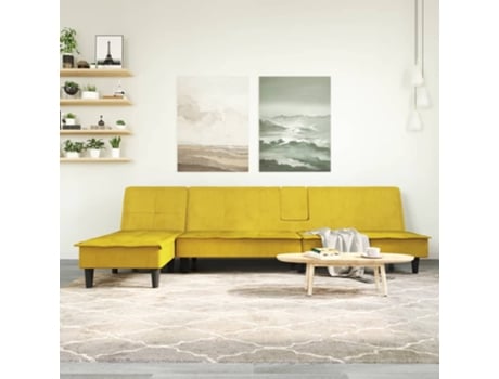 Sofá Cama em Forma de L VIDAXL (255 x 140 x 70 cm - Veludo - Amarelo)