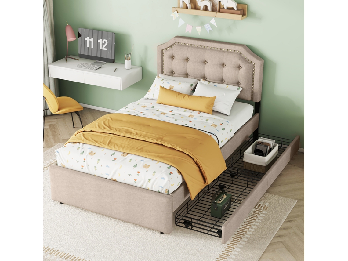 Cama Plana 90x200 Cm Acolchoada Bege Escuro Com Poltrona E Gavetas