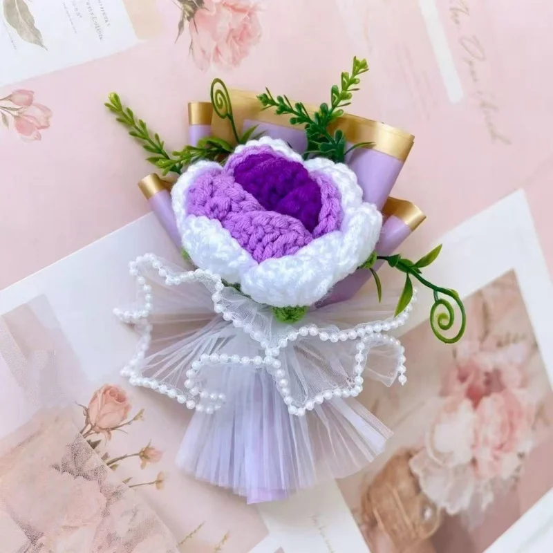 Mini Buquê De Crochê Feito À Mão De 15 Cm Com Flores Artificiais - Presente Romântico