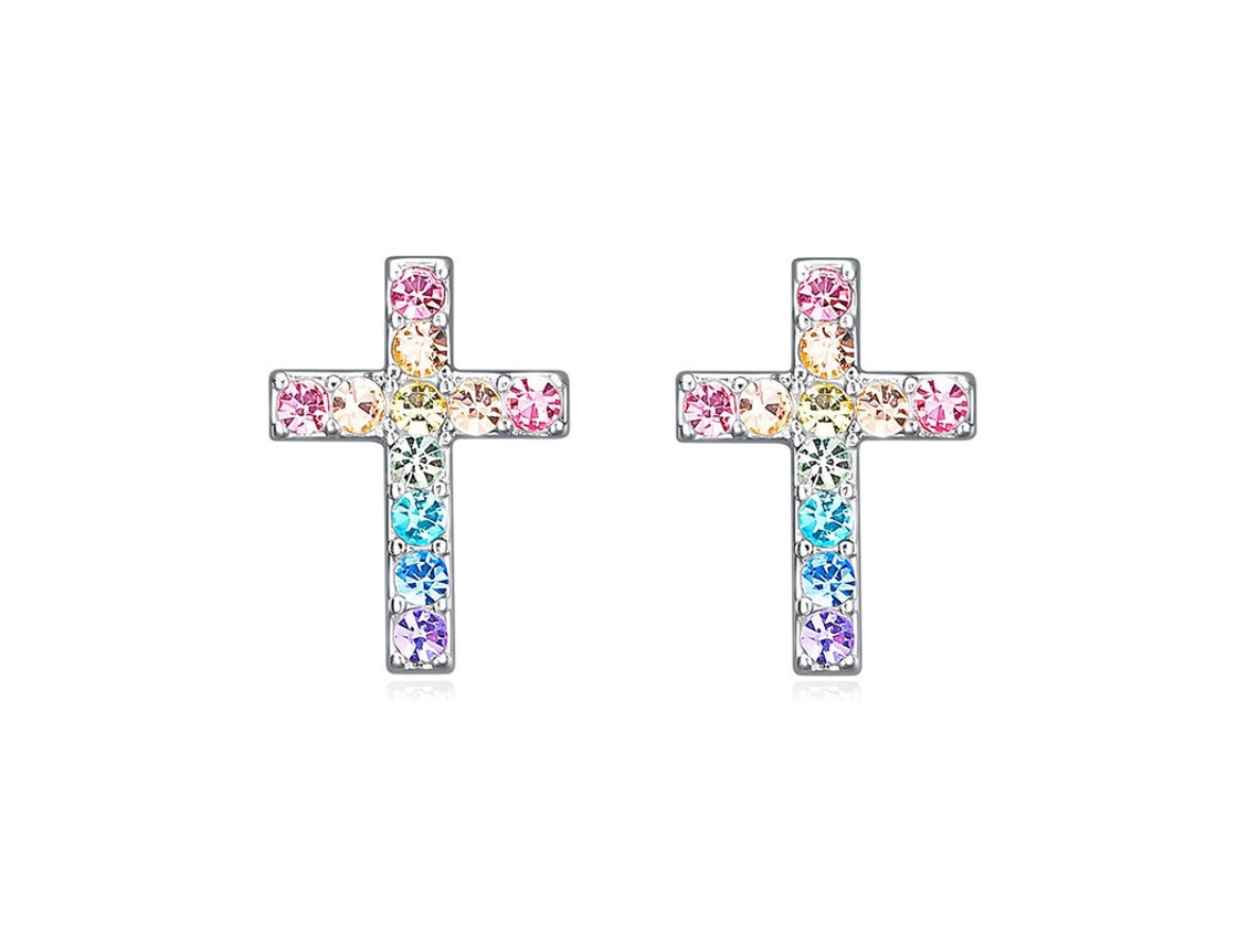 Brincos em Prata de Lei S925, Estilo Europeu e Americano, Brincos Pequenos de Cruz para Mulheres MDUG (diamantes Coloridos)