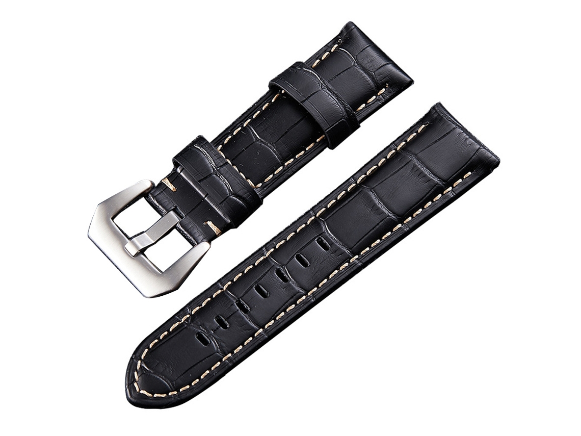 Correa De Reloj De Cuero Genuino 24mm Hebilla De Pin Para Pulsera (negra Hebilla Plata)