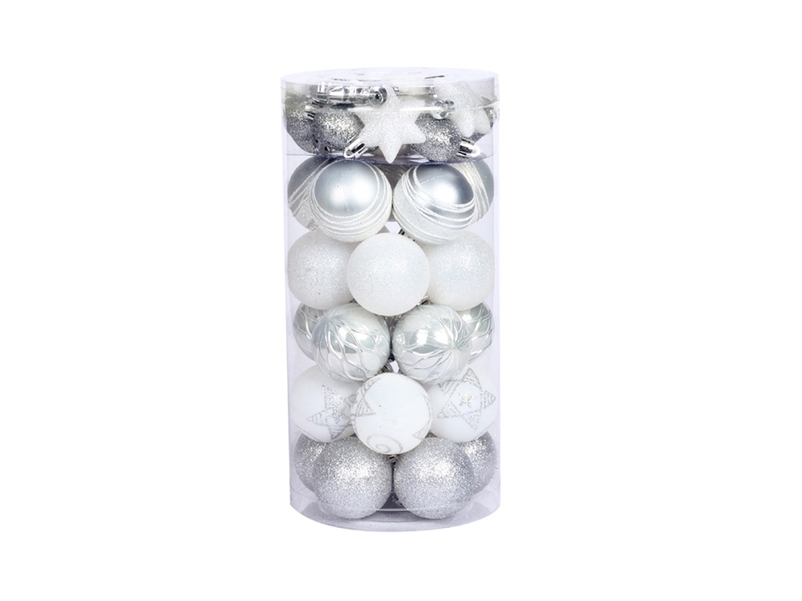 Pacote com 41 Enfeites de Bola de Natal Conjunto de Bolas de Natal Pintadas com Estrelas para Árvore de Natal Decoração de Festa Branco Prateado