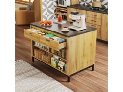 Ilha De Cozinha 120×75×90 Cm - 2 Gavetas, 4 Prateleiras Abertas, Design Rústico, Superfície Em Mármore Preto, Estrutura Metálica - Preto+natural