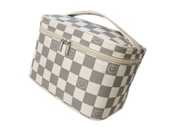 Bolsa de Maquiagem Grande Capacidade Viajem com Alça Resistente Zipper Brilhante Cinza Branco Xadrez