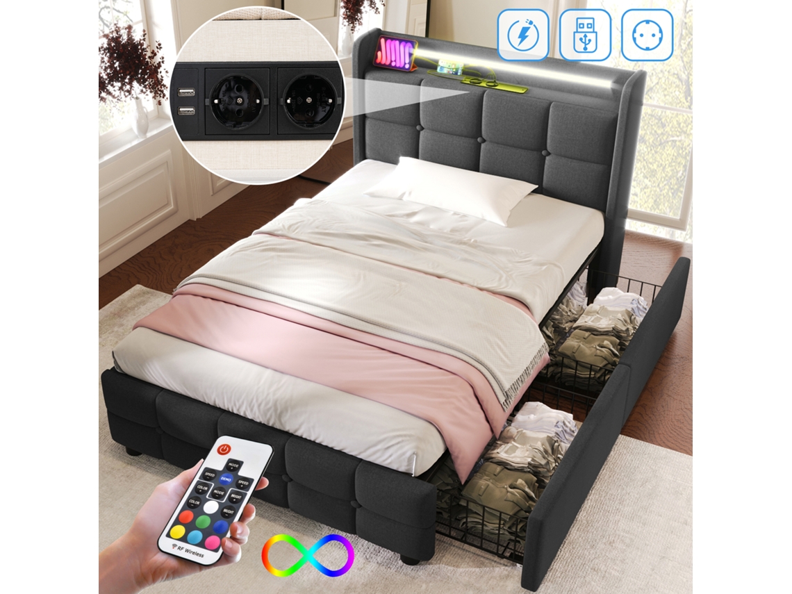 Cama 90x200 Cinza Iluminação Usb Gavetas