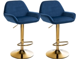 Conjunto de 2 banquetas de bar com apoio para os pés integrado, estofamento em veludo azul, estrutura em metal dourado, Tdb10735, Décoshop26