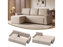 Sofá De Canto Com Função De Dormir E Chaise Longue Reversível, Sofá Em L Para 3 Pessoas Em Veludo, Bege