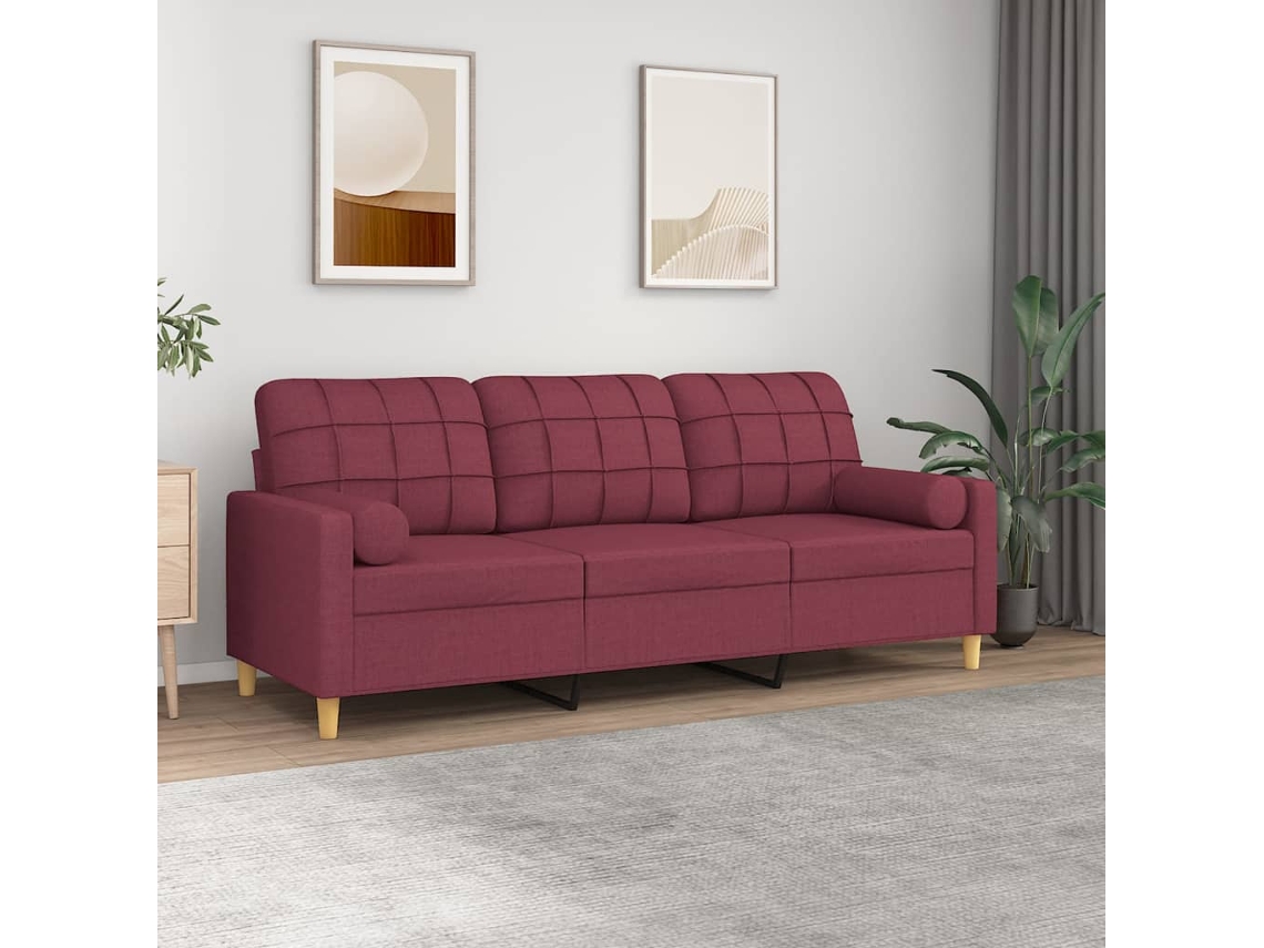 Vidaxl Sofá 3 Lug. + Almofadas Decorativas 180cm Tecido Vermelho Tinto