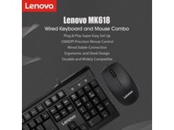 Aetheria combo Teclado e Mouse com Fio Lenovo Mk618 Ergonômico Full Size 1000dpi Usb para Pc/notebook