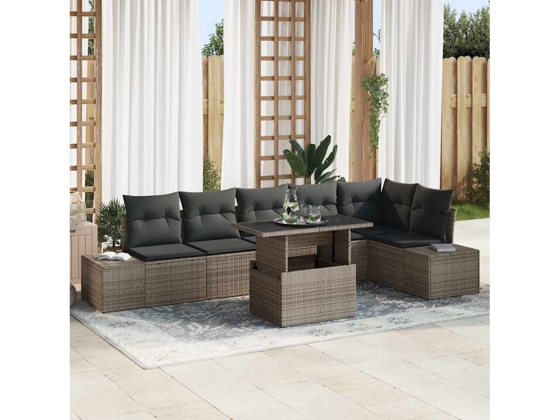 Vidaxl Conjunto De Sofá De Jardim Com Almofada 7 Pcs Cinzeto Vime Pe
