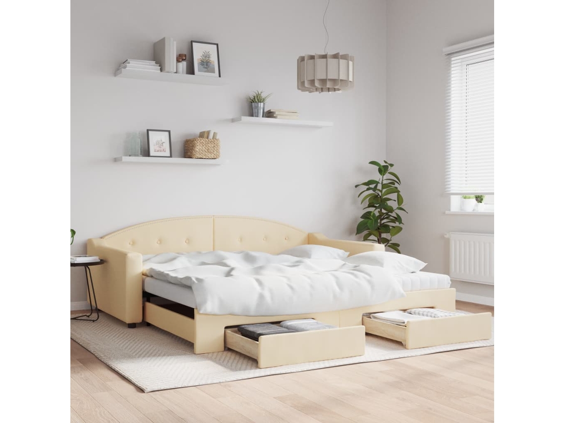 Vidaxl Sofá-cama Com Gavetão E Gavetas 100x200 Cm Tecido Cor Creme