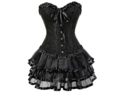 Traje De Corset Overbust Burlesco Para Mulheres Plus Size Com Mini Saia Tutu Brocado Bordado Negro 5xl