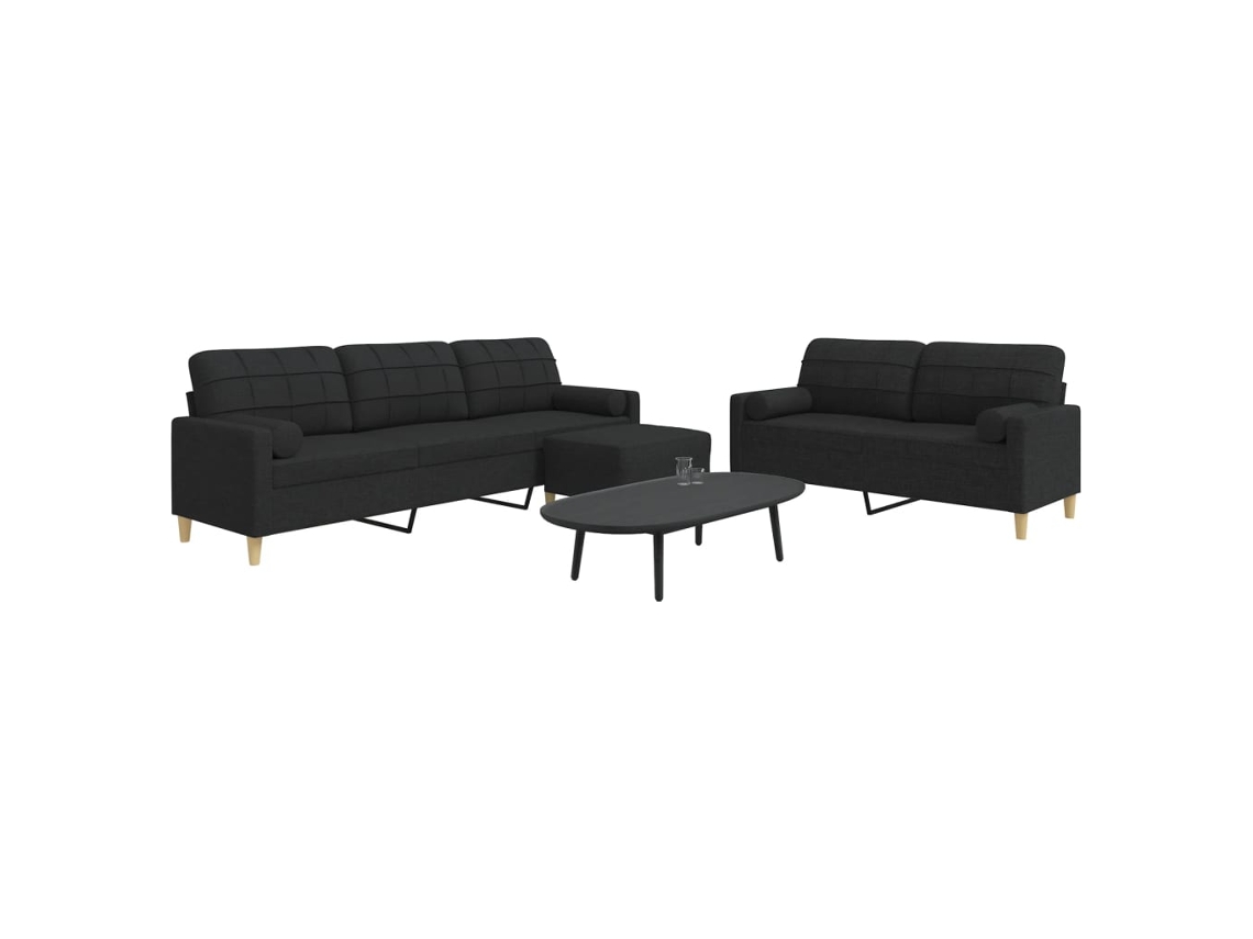 Vidaxl 3 Pcs Conjunto De Sofás C/ Almofadas/apoio Pés Tecido Preto