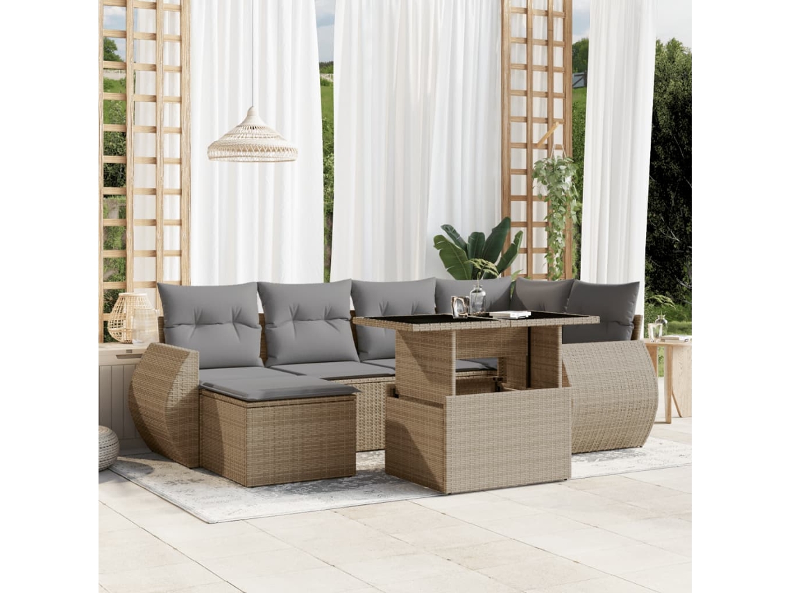 Vidaxl 7 Pcs Conjunto De Sofás P/ Jardim Com Almofadões Vime Pe Bege