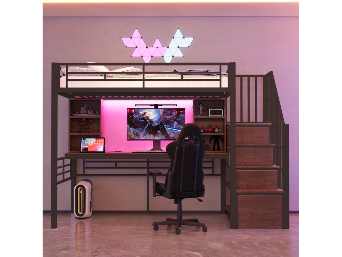 Beliche Mezanino 90x200cm com escrivaninha, escada com gavetas, led colorido, tomada europeia, preto KOMHTOM