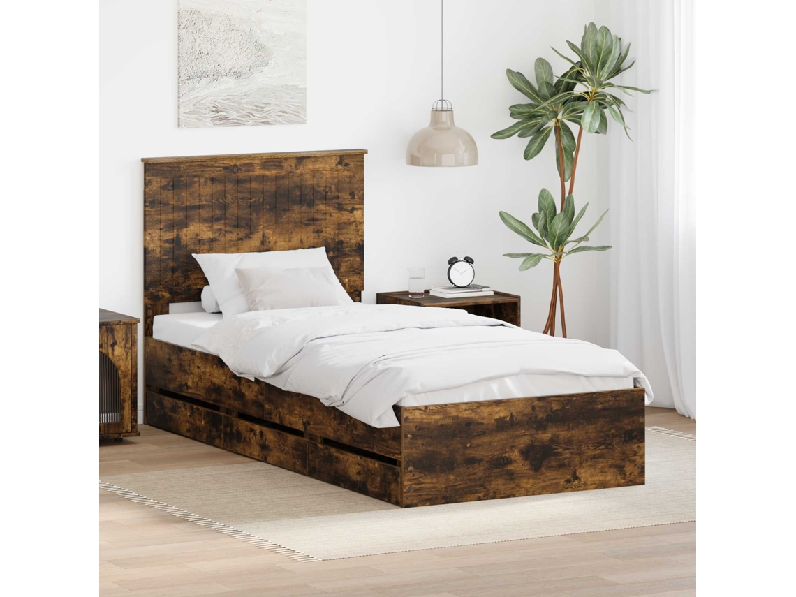 Vidaxl Estrutura Da Cama Com Gaveta Carvalho Defumado 90 X 190 Cm
