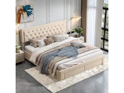 Cama De Casal De Veludo Bege, 180x200 Cm, Com Cabeceira Tachada, Baú Hidráulico E 2 Gavetas.