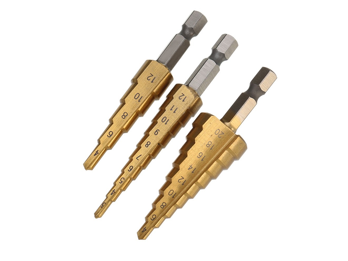 Conjunto de 3 brocas escalonadas titânio HSS com haste hexagonal 1/4'' peças aço encaixe (3 12/4 12/4 20 mm) | S/MARCA