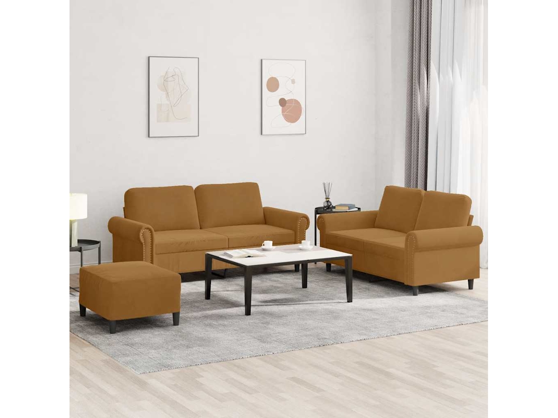 Vidaxl 3 Pcs Conjunto De Sofás Com Almofadões Veludo Castanho