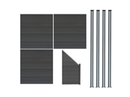 Vedao Exterior Wpc 185x619cm | Cinza | 3xpainis Reto 1x Oblquo 4 Postes C/led Solar | Painel Dupla Face | Design Monstershop