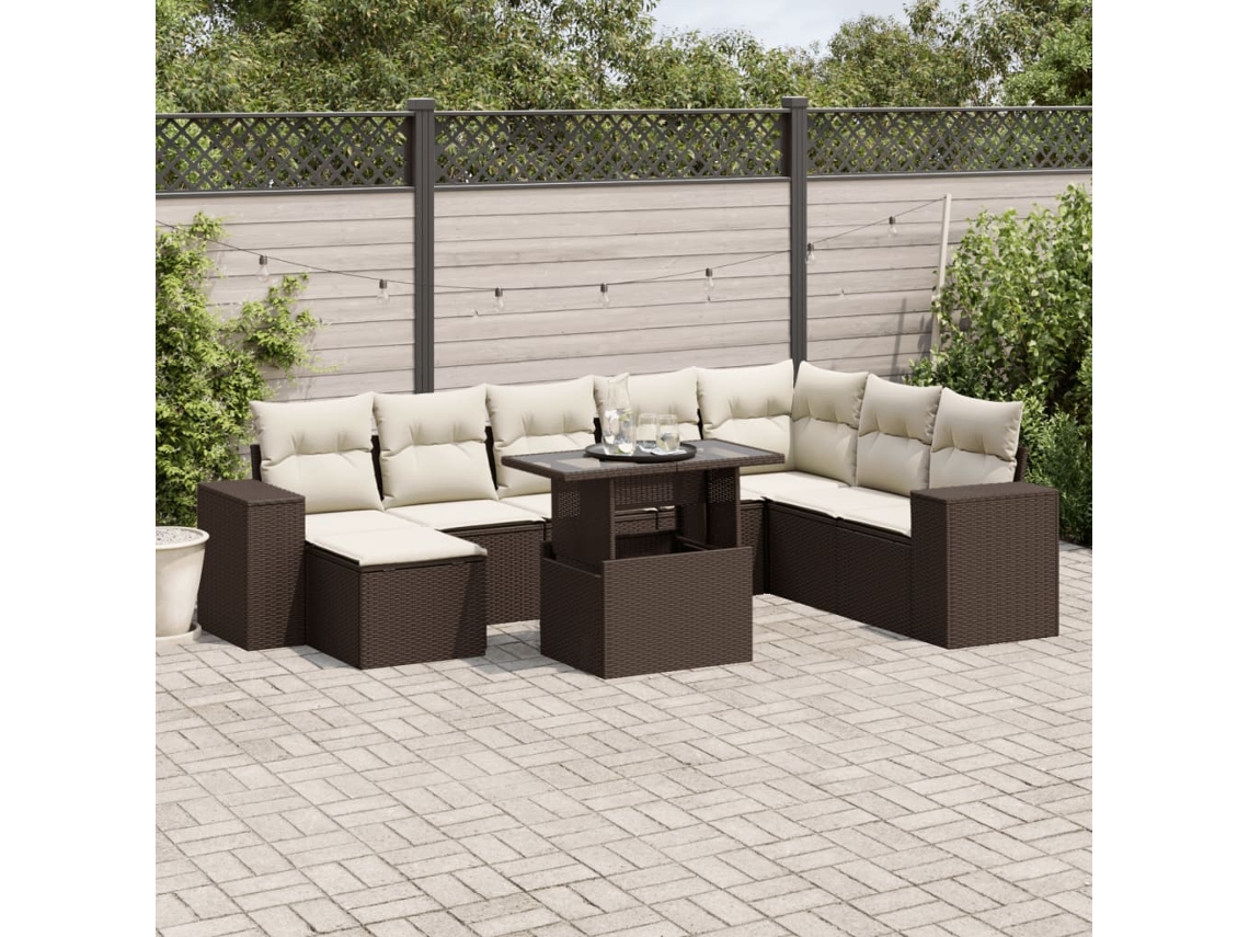 Vidaxl 9 Pcs Conjunto Sofás P/ Jardim C/ Almofadões Vime Pe Castanho
