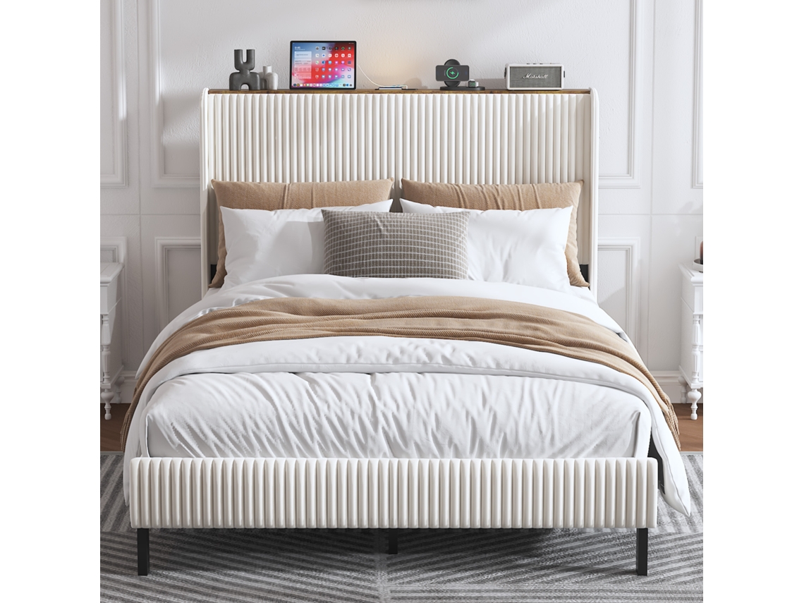 Cama De Plataforma 140x200 Acolchada Anti-derrapante Silenciosa Com Borda De Asa